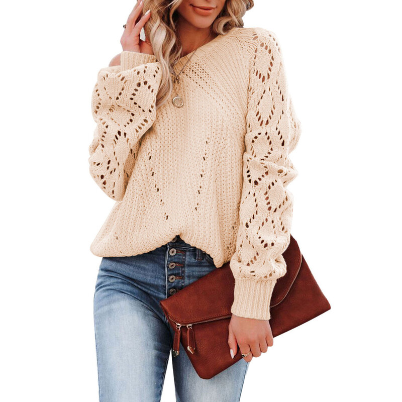 Nowy jesienno-zimowy sweter damski jednolity kolor luźny Top wytłaczany wzór damskiej sweter z okrągłym dekoltem kobiet