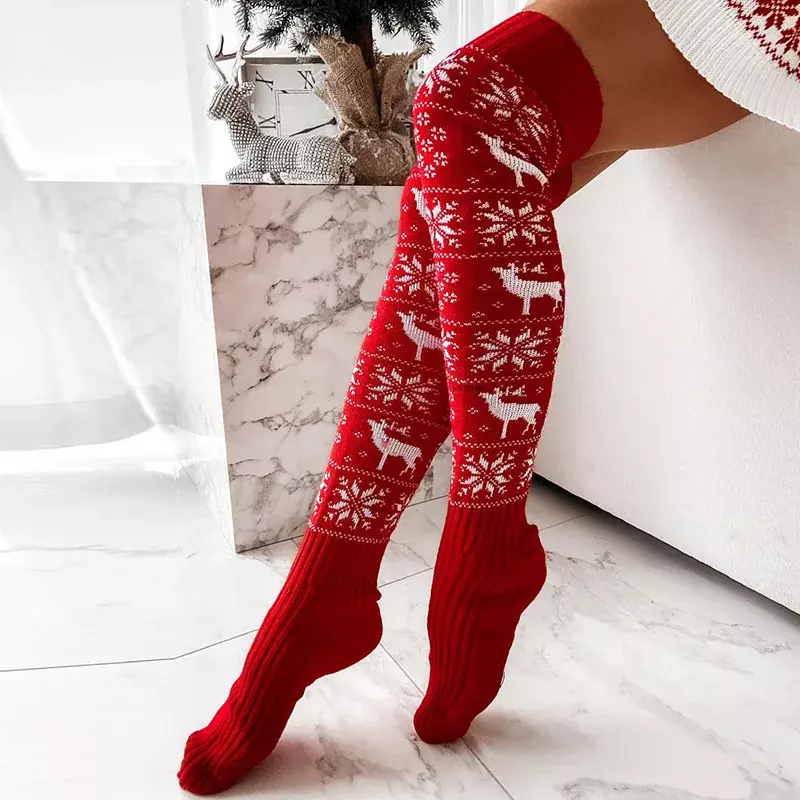 Рождественские вязаные шерстяные чулки с перекрестными краями для женщин, олени, длинные носки до колен
