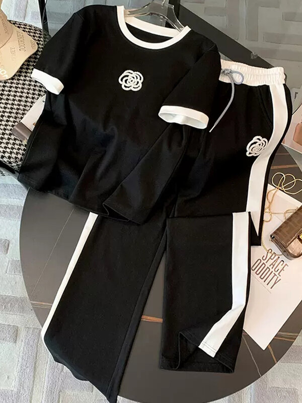 Женский спортивный костюм из футболки и брюк, повседневный комплект из двух предметов с трехмерными цветами и коротким рукавом, Y2K, лето 2024