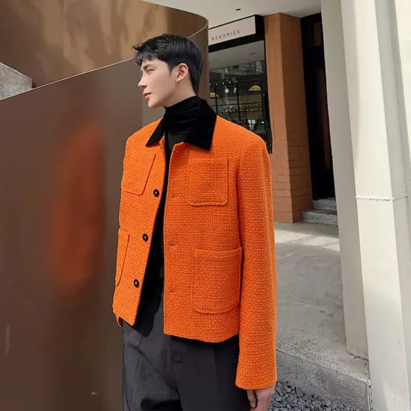 Blazer de peito único laranja para homens, casaco com gola virada para baixo, estilo clássico coreano, moda glamourosa, WA802