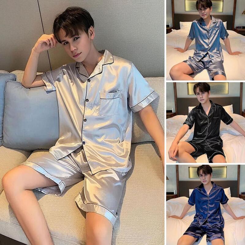 Pijama de un solo pecho con solapa para hombre, conjunto de pijama de seda de verano con camisa de manga corta, pantalones cortos de cintura elástica, cómodos