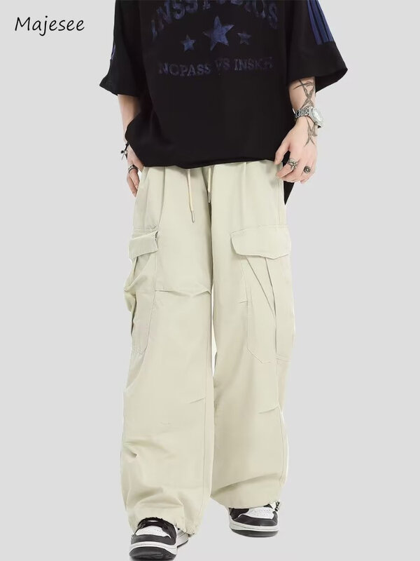 Men Pants Solid Safari Style Pleated Large Pockets Baggy Streetwear Retro Simple American  New Fashion Work Out Trousers