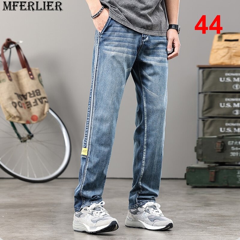 Jeans jeans casual masculino, calça reta masculina, plus size, na moda, monocromática, tamanho grande, 44