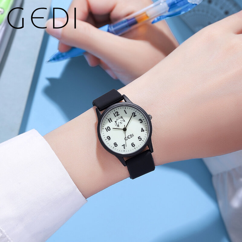 GEDI-Cute Kitty Design Watch para mulheres, relógios de pulso de quartzo, relógios casuais femininos, Silicone Band, impermeável, moda
