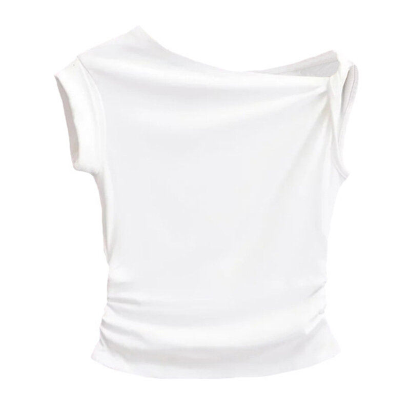 Female Top Women T Shirt Sleeveless Slight Stretch Solid Color Streetwear Crop Top High Waist Off The Shoulder