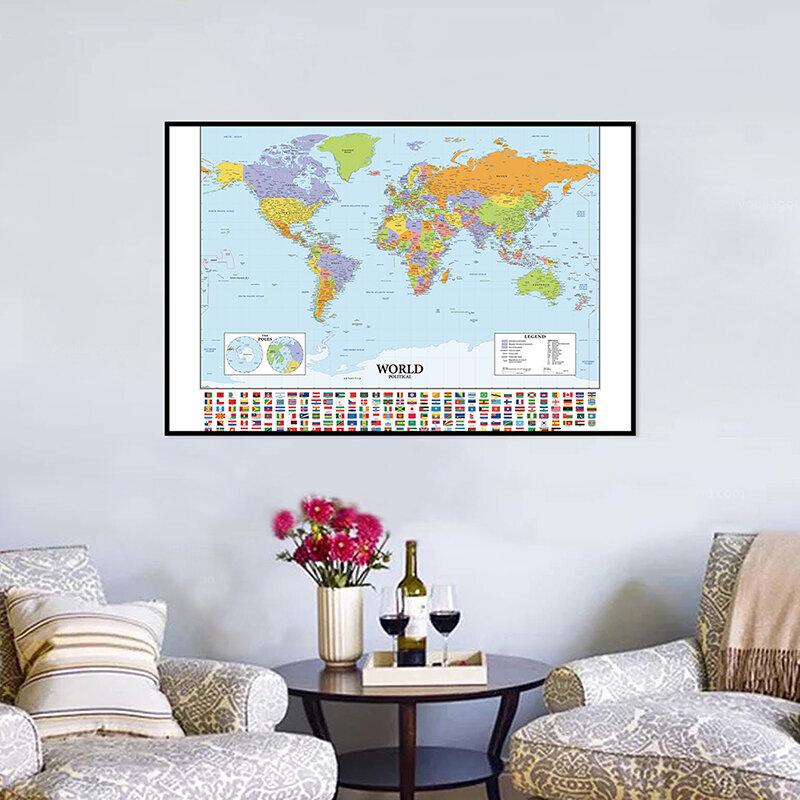 A2 Size World Map with Flags of Various Countries Fine Canvas Waterproof Wall Map School Office Classroom Wall Decoration