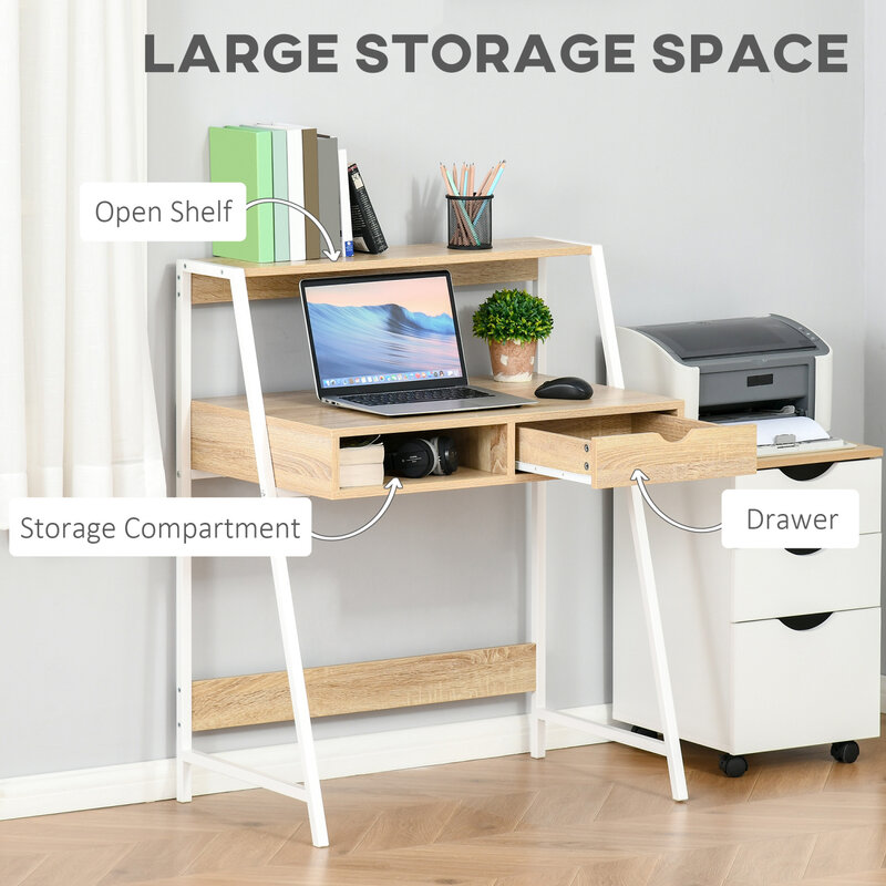 Compact Home Office Computer Desk with Convenient Storage Shelves and Drawer, Ideal Writing Table for Small Spaces, Natural Wood
