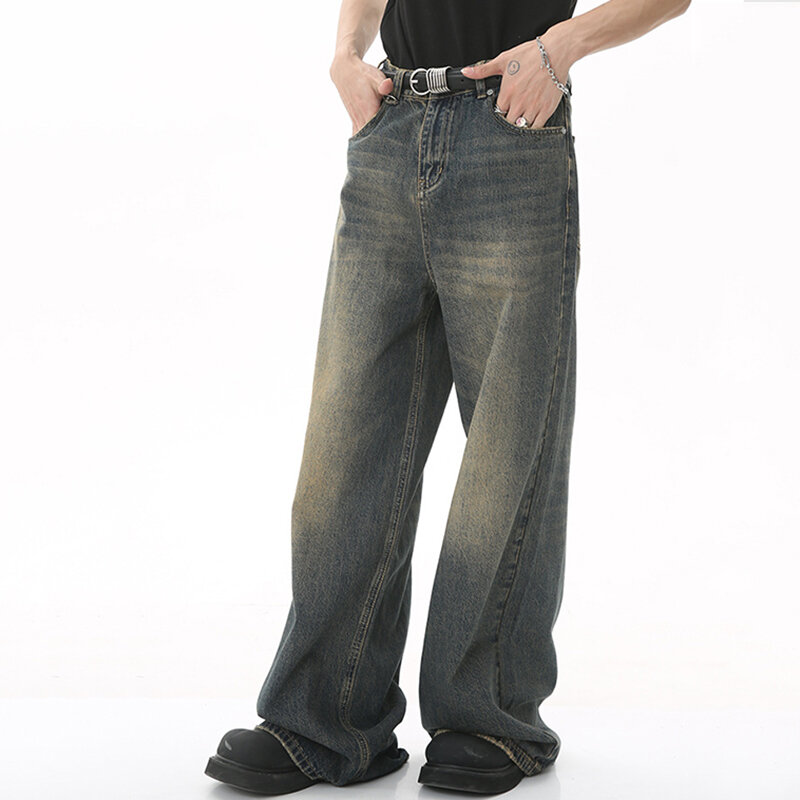 IEFB pantaloni in Denim da uomo estivi vecchi Jeans maschili lavati blu dritti Casual da uomo pantaloni larghi a gamba larga 2024 nuova moda 9 c354