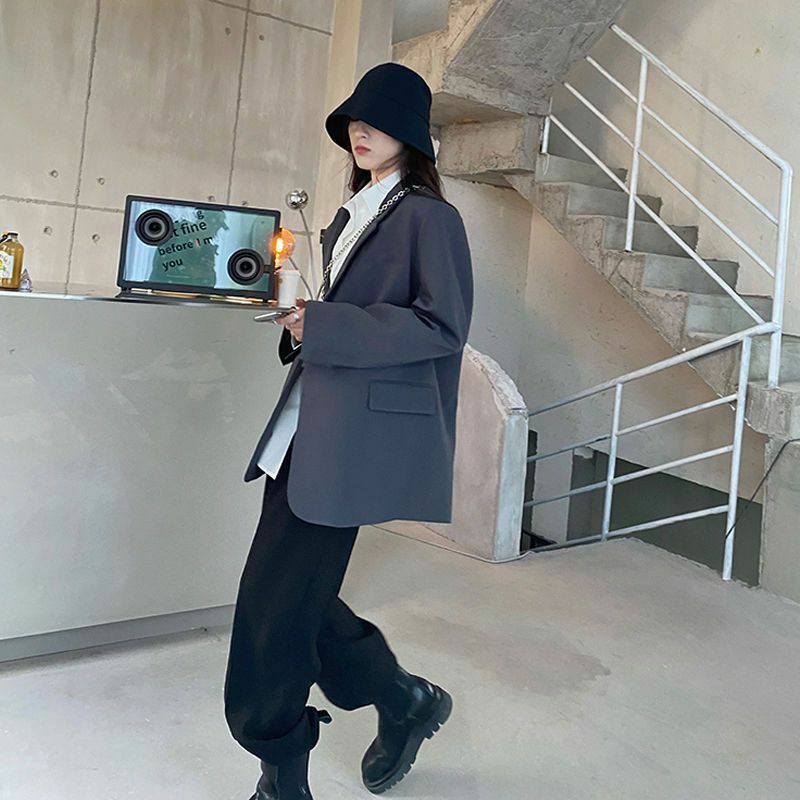 Chaqueta gris de estilo coreano para mujer, abrigo de traje suelto de manga larga, elegante, de un solo pecho, primavera y otoño