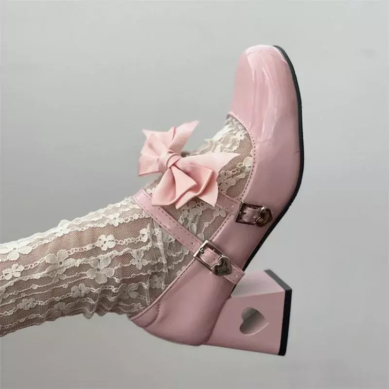 Mary Gasoline-Escarpins à talons bas en cuir verni pour femmes, chaussures Lolita, escarpins à nœud, sangles de rinçage, chaussures de fête, Y2K