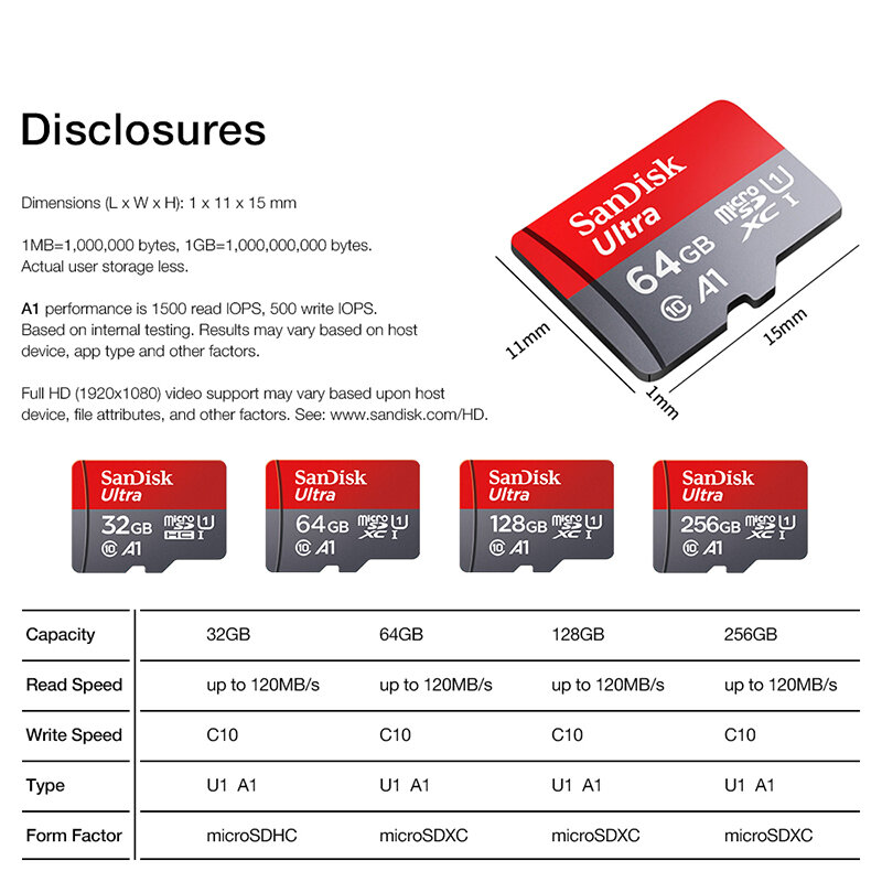 SanDisk-tarjeta de memoria Micro SD Ultra A1 Original, Clase 10, UHS-1, TF, Flash, para teléfono inteligente/PC, 128GB, 64GB, 32GB