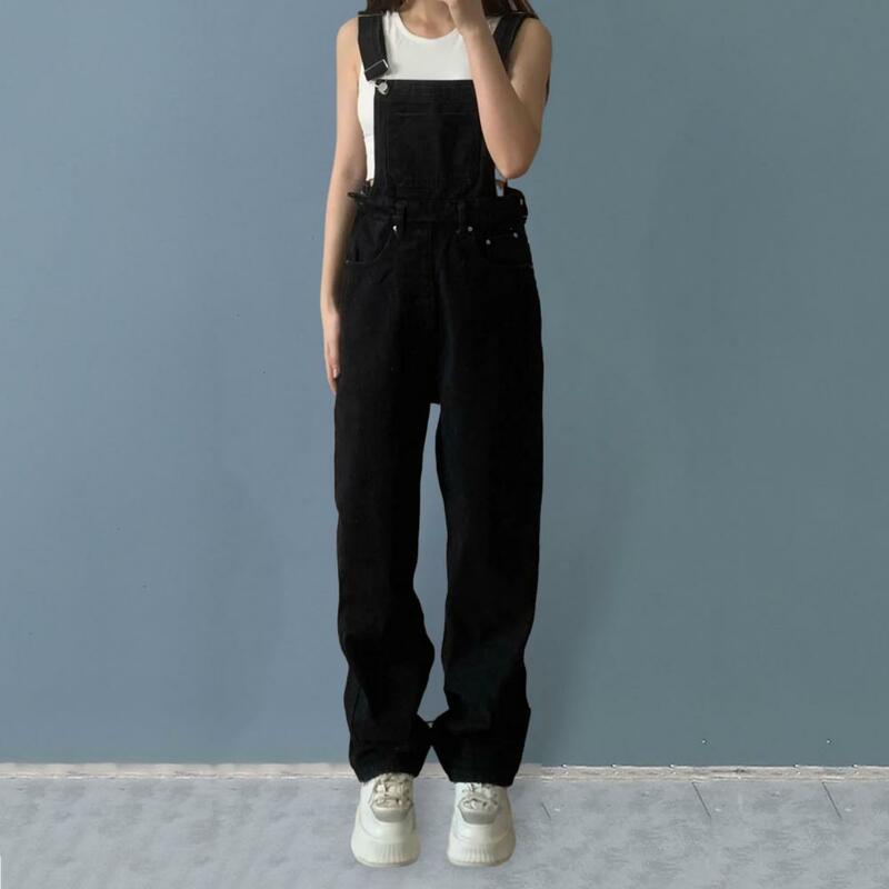Women Jumpsuit Vintage Sleeveless Wide Leg Jumpsuit with Pockets Women's High Waist Streetwear Overalls in Preppy Style Stretchy