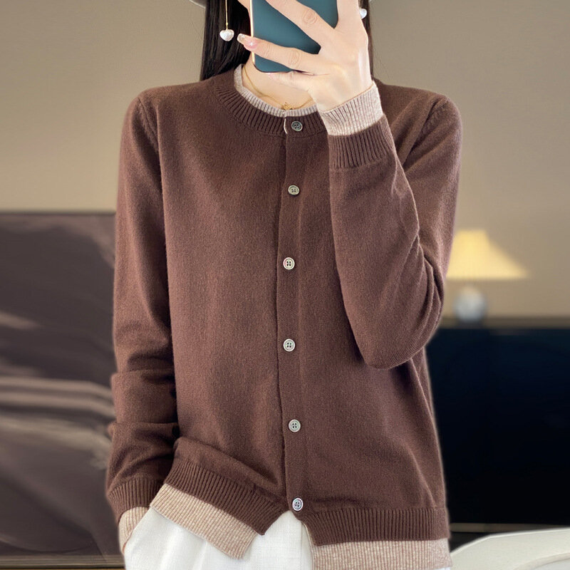 Sweter kardigan warna blok desain mewah Perancis atasan berlapis pelangsing