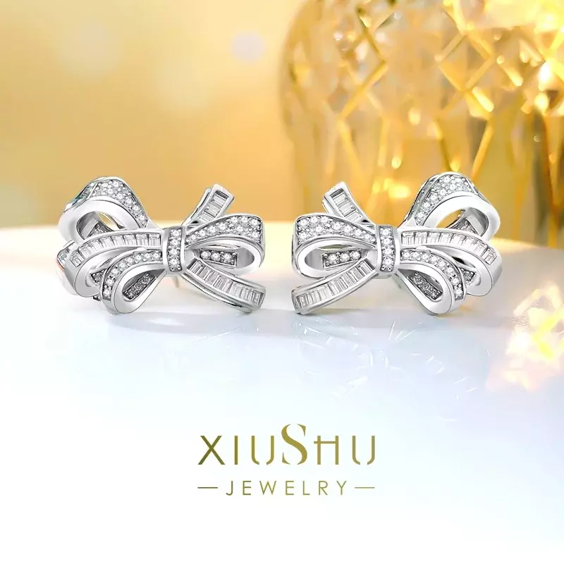 Desire New Bow Earrings with Sterling Silver Inlaid High Carbon Diamond Earrings, Versatile and Niche Design