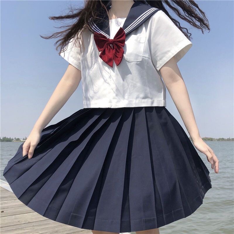 ชุดเครื่องแบบนักเรียนญี่ปุ่นสำหรับผู้หญิง JK สูทเซ็กซี่เสื้อกะลาสีสีขาวผูกแดงชุดเสื้อสูทแขนยาวสำหรับฤดูใบไม้ผลิและฤดูใบไม้ร่วง