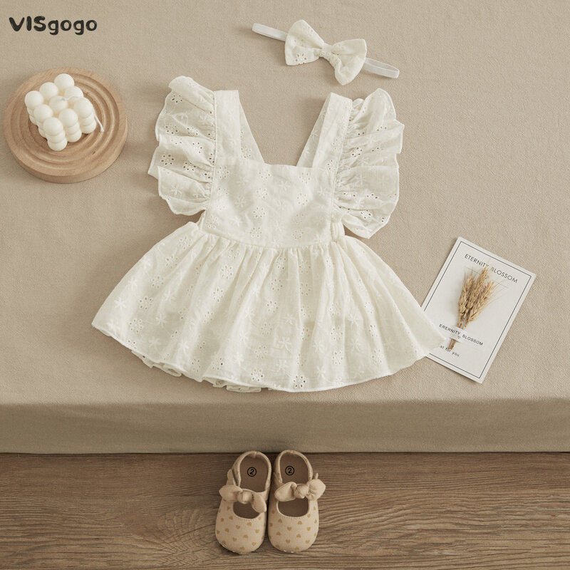 VISgogo-신생아 여아용 롬퍼 드레스, 단색, 프릴 소매, 꽃 롬퍼, 머리띠, 2 개입, 여름 의류 세트