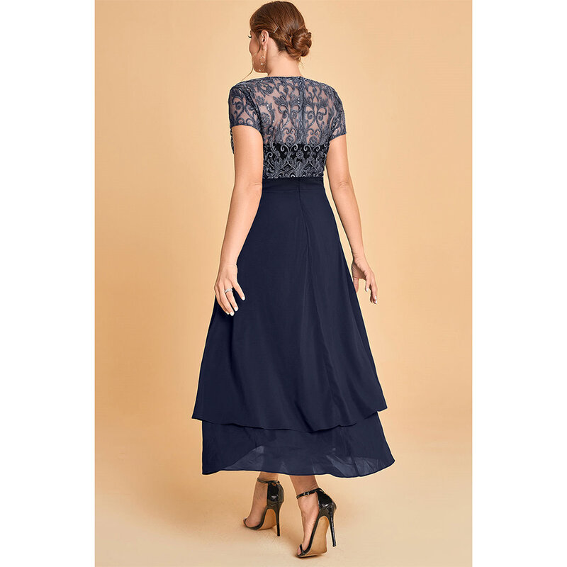 فستان أم العروس ، مقاس كبير ، دانتيل شيفون أزرق كحلي ، حافة منقسمة ، طول الشاي