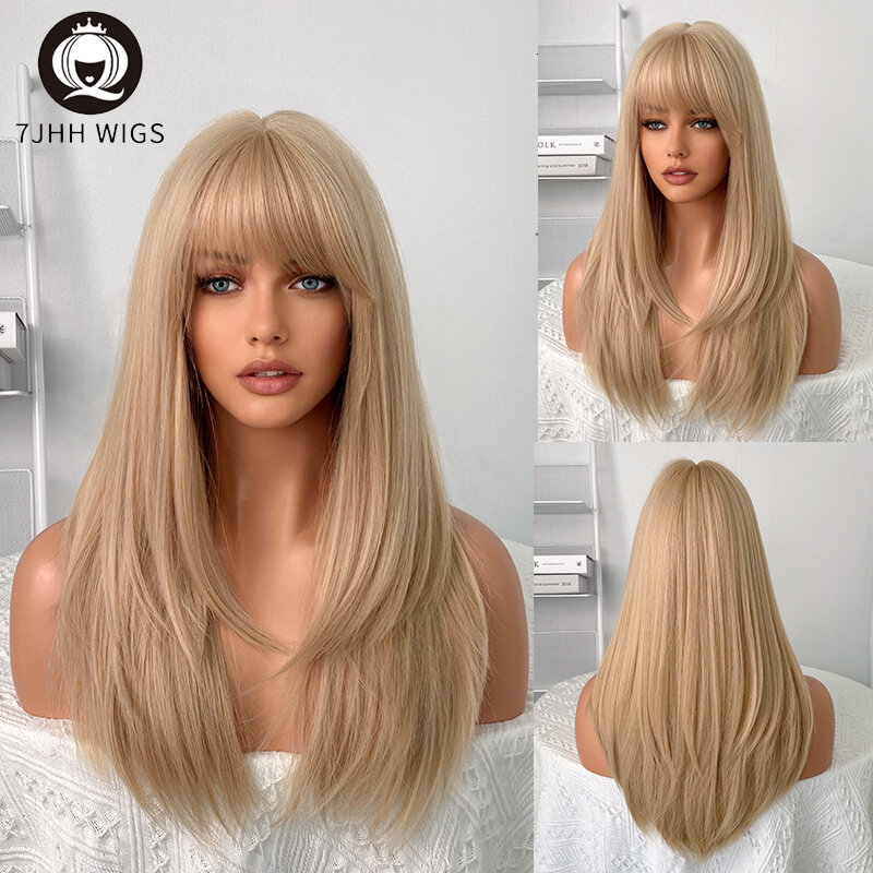 7JHH-peluca sintética larga y recta de Color rubio con flequillo para mujer, postizo de pelo Natural resistente al calor para niñas, Cosplay