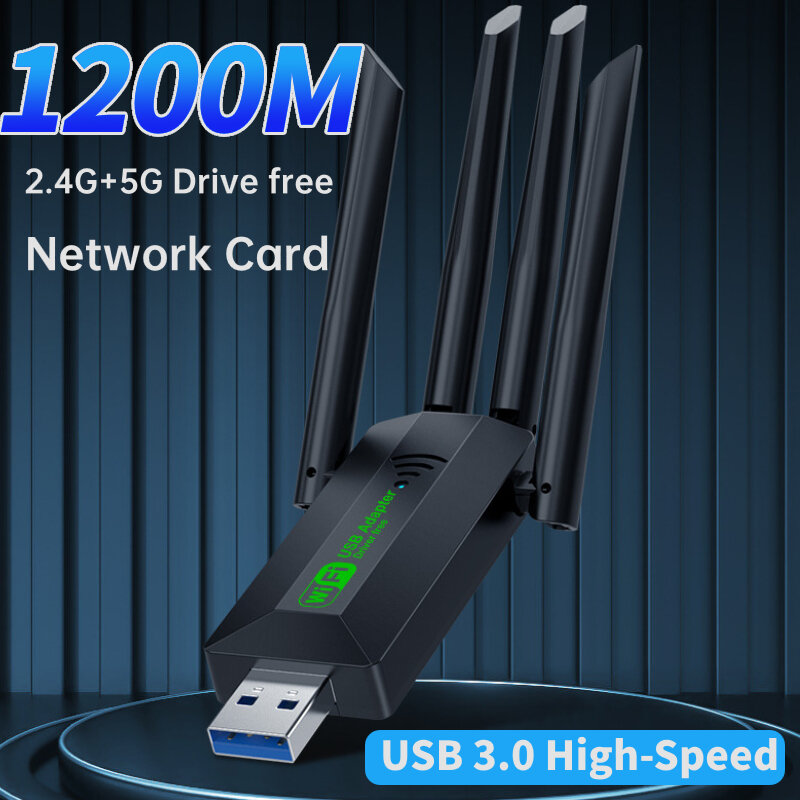 Adaptador USB Dual Band WiFi, 2.4G, 5Ghz, Dongle com 4 Antenas, USB 3.0, Receptor de cartão sem fio de alta velocidade para PC, laptop, 1200Mbps