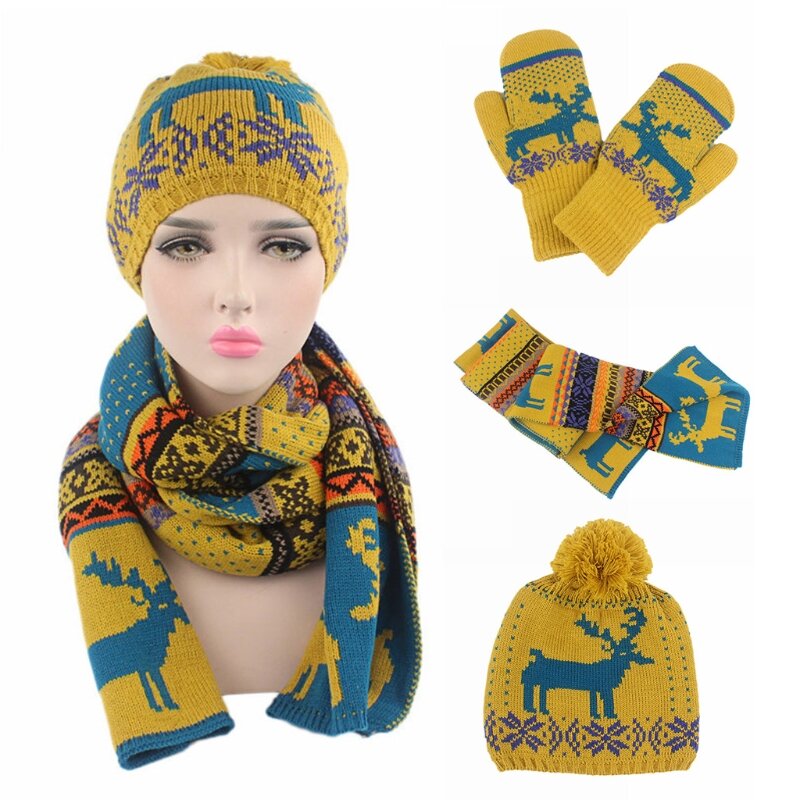 Милая шапка с рисунком лося, перчатки, шарф, костюм, зимний комплект, мягкие теплые вязаные шапочки для подростков