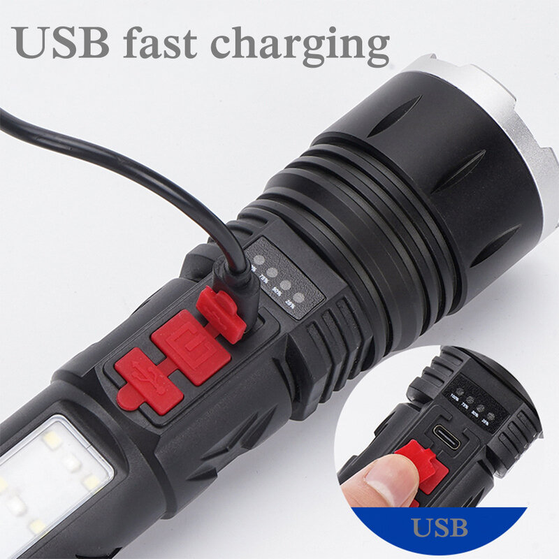 ไฟฉาย LED XHP50ลูเมนสูง, ไฟฉาย USB Type-C ชาร์จไฟได้ไฟฉายกันน้ำไฟฉายซูมส่องทางไกลไฟฉายเลเซอร์