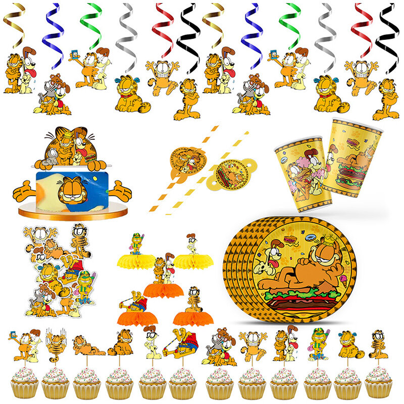 Fournitures de fête d'anniversaire sur le thème Garfield, assiettes britanniques de poulet, pailles en accent d'abeille standardisées, décoration de fête préChristophe, décoration d'intérieur