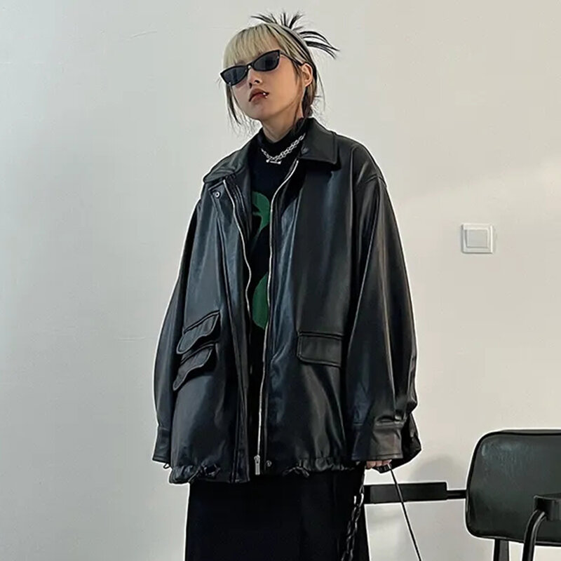 Streetwear nero Pu cappotti in ecopelle donna giacche gotiche oversize Y2K tasca allentata Cool Ladies Casual Soft capispalla