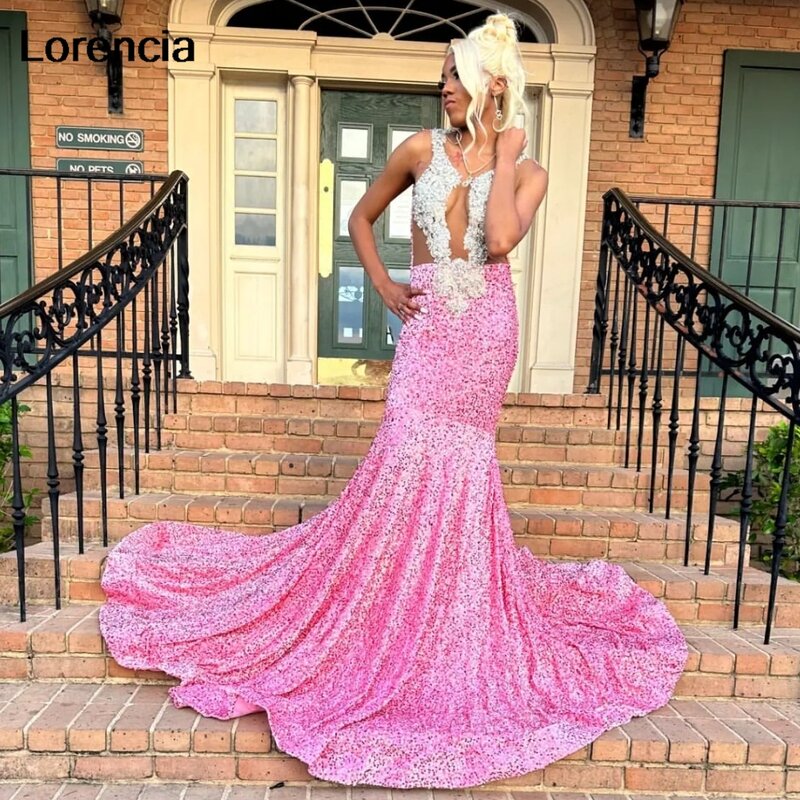 Lorencia różowa cekinowa suknia wieczorowa o kroju syreny dla czarnej dziewczyny 2024 srebrna kryształowa suknia wieczorowa z koralikami suknie na specjalne okazje YPD138
