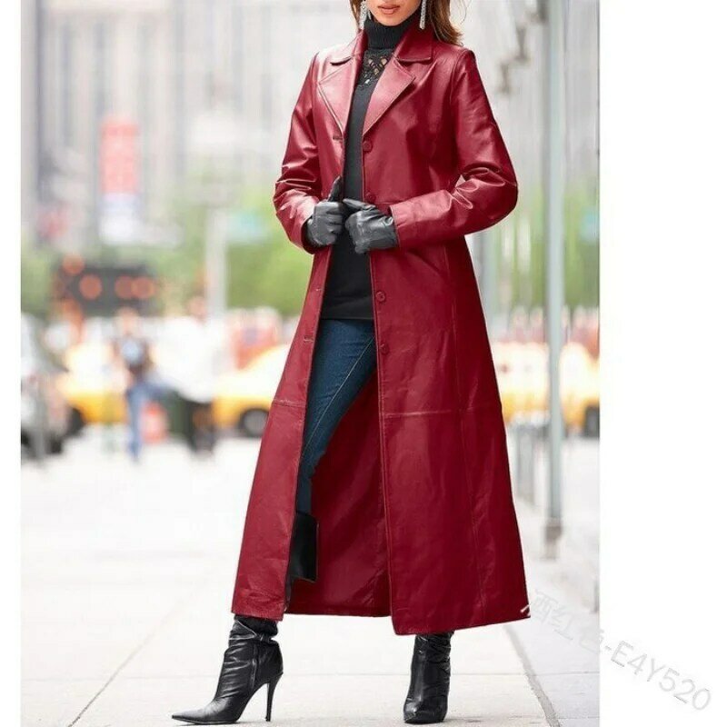 Женское кожаное пальто без пояса с лацканами, длинное пальто, тонкий кожаный тренчкот
