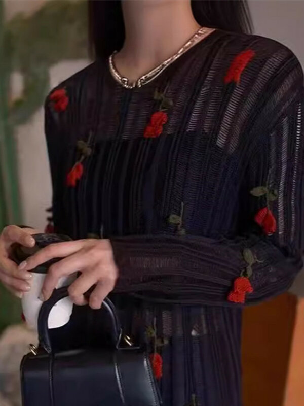 Suéter tridimensional de flores para mujer, de 2 colores Jersey de punto, cuello redondo, calado, informal, fino, novedad de verano 2024