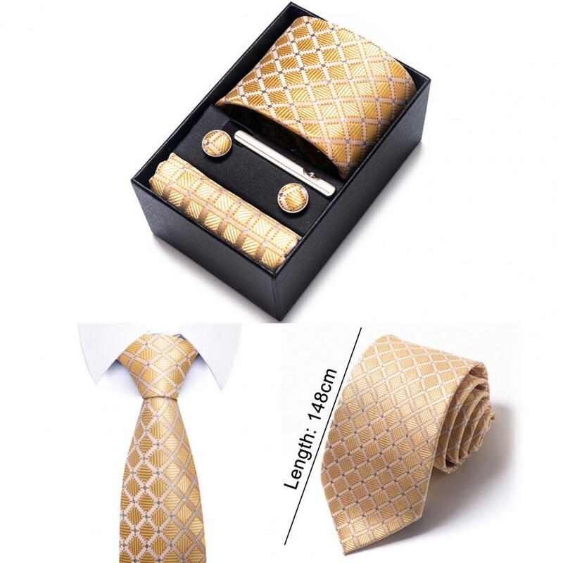 4Pcs/Set Men Business Jacquard Print Tie Cufflinks Square Scarf Clip Set Smooth Texture Exquisite Gift Box Tie Plaid Necktie