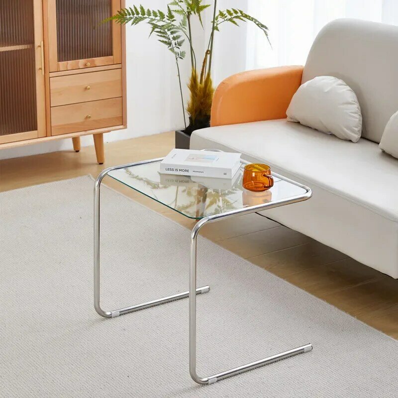 Meja samping transparan baja tahan karat, meja kopi kaca kristal untuk kamar rumah, Meja samping m2, fotografi