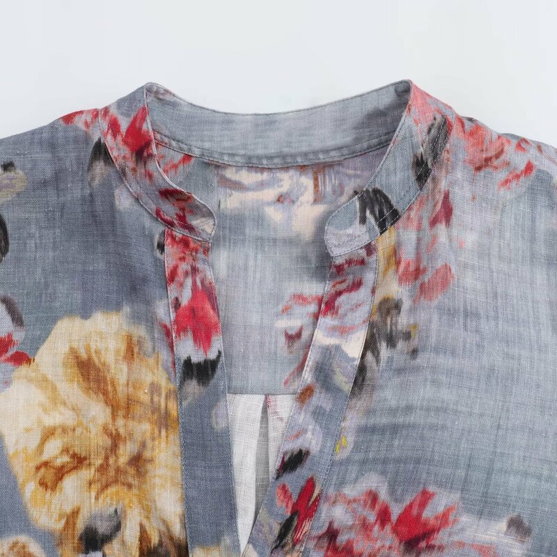 Traje de 2 piezas para mujer, Camisa estampada con cuello en V, blusa Retro de manga larga + Pantalones informales de cintura elástica, 2024