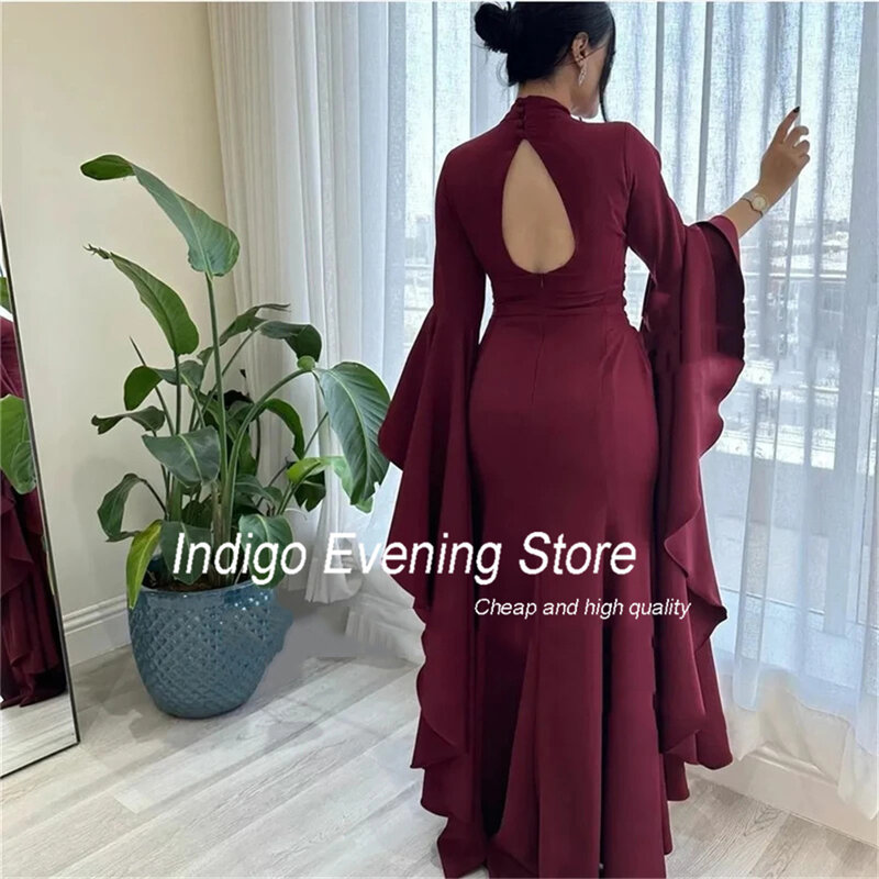 Indigo Prom Dresses Mermaid Long Sleeve High Collar Open Back Satin Ankle-Length 2024 Simple Evening Gowns For Women فساتين الس