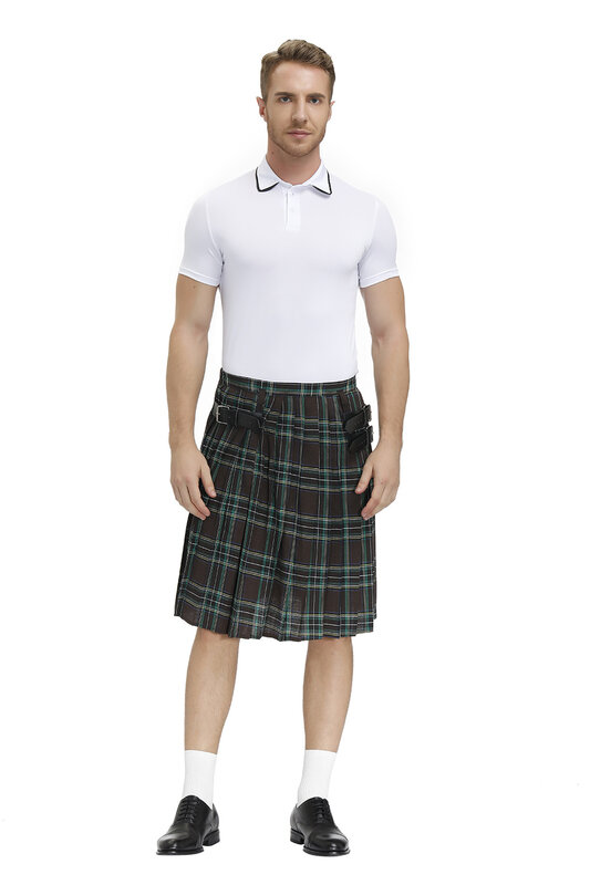 Falda escocesa de tartán para hombre, falda tradicional plisada a cuadros con cadena Bilateral