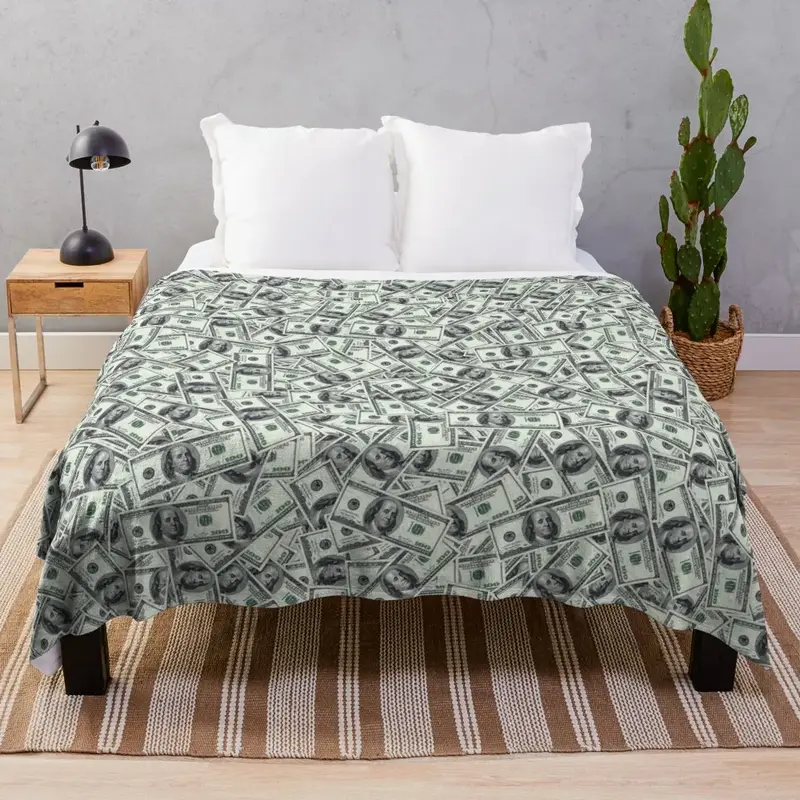 Giant money background 100 dollar bills Throw Blanket Fluffy Softs Thermals For Travel Blankets