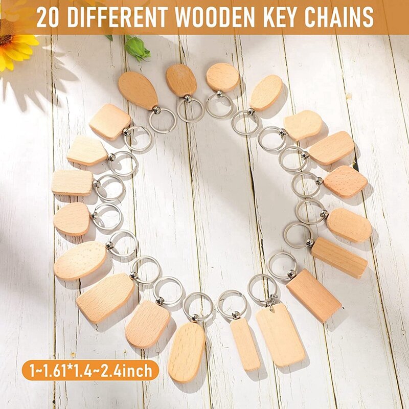 Porte-clés en bois vierge non fini, étiquette avec anneau, bricolage, durable, facile à installer, 20 pièces