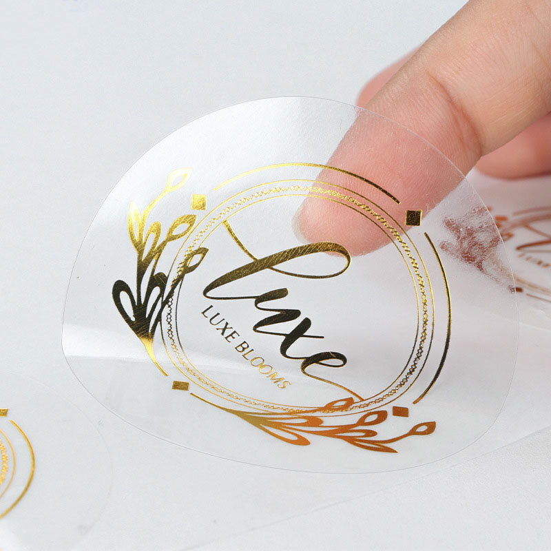 100 buah/lot pribadi stiker Logo kustom bening transparan Foil emas perak bisnis stiker Logo stiker pernikahan