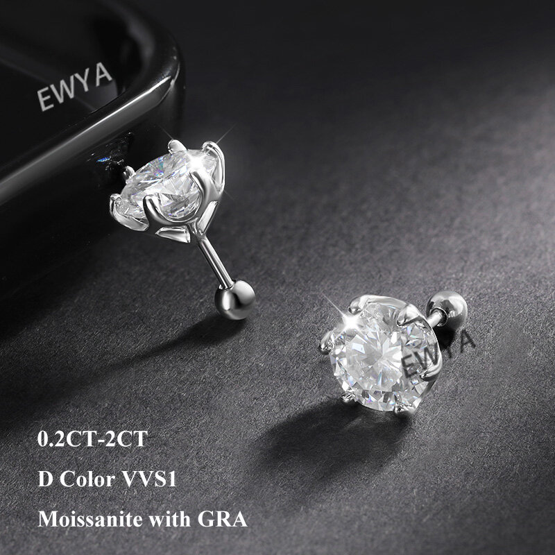 EWYA 0.5-2ct Moissanite Screw Stud Earrings D Color 925 Sterling Silver 6 Prong Diamond Earrings Dla kobiet Drobna biżuteria ślubna