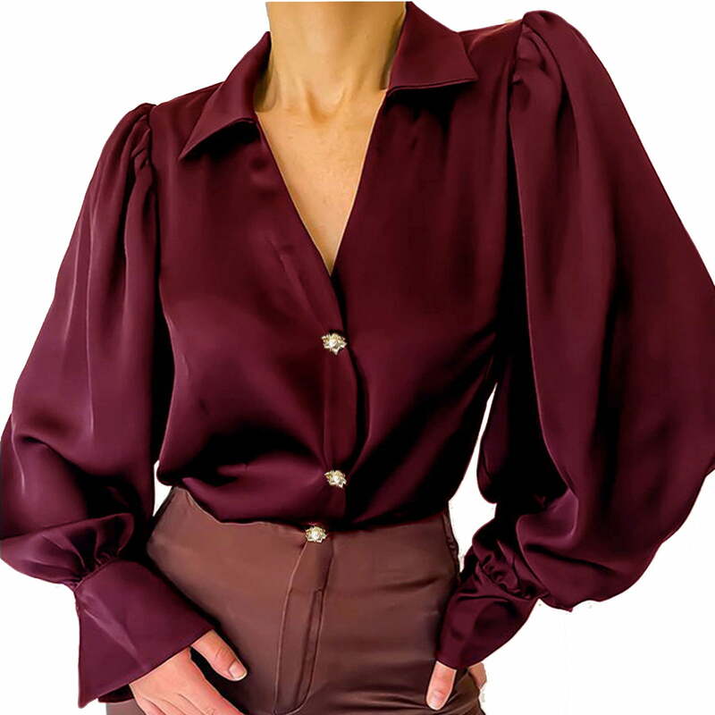 Blusa casual de manga comprida feminina, cetim solto, manga lanterna, cor sólida, tops plus size, camisa de blusas, outono