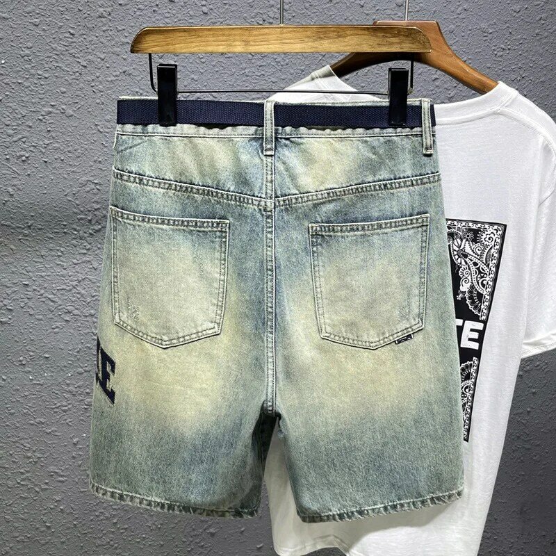 Shorts jeans azul claro masculino, nostálgica calça média, moda casual stretch, verão, novo, quinta calça, 2024