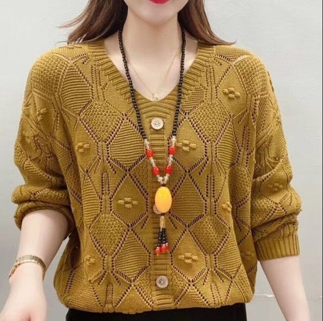 Women's Clothing V-Neck Casual Hollow Out All-match Knitted T-shirt Autumn Fashion Solid Button Patchwork Pullovers Sweaters