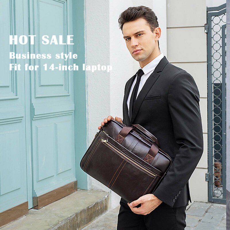 Men's Horizontal Zipper Leather Handbag Adjustables Strap Large Capacity Bag For Working Office