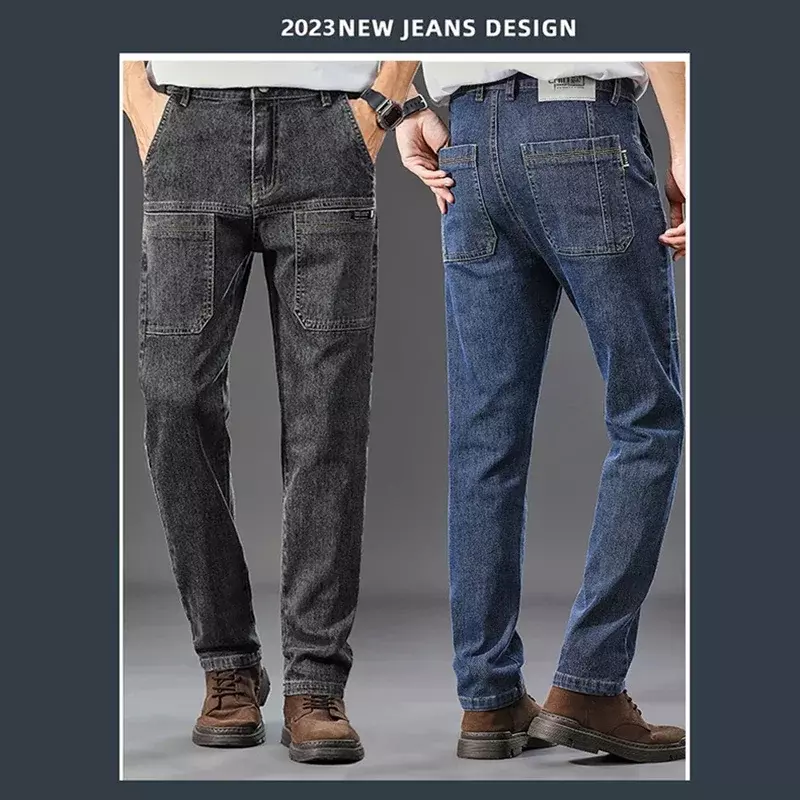 Celana Jeans enam saku untuk pria, celana kargo nyaman trendi bermerek, celana kerja lurus ramping bersaku besar 2023