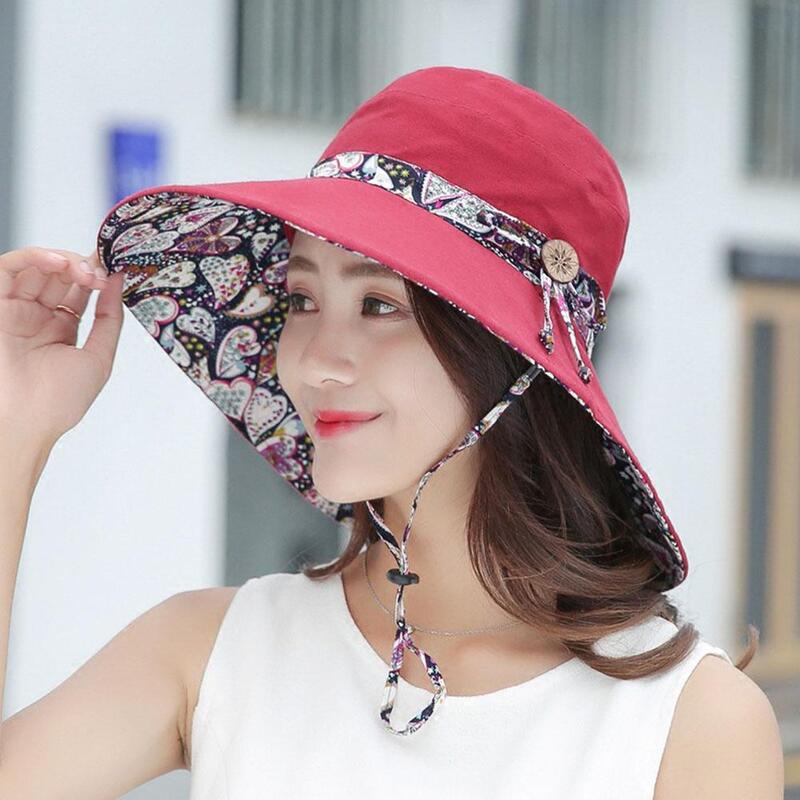 Dwustronne szerokie rondo kapelusze przeciwsłoneczne proste składane przenośne czapki z filtrem przeciwsłonecznym modny nadruk kokardą na świeżym powietrzu