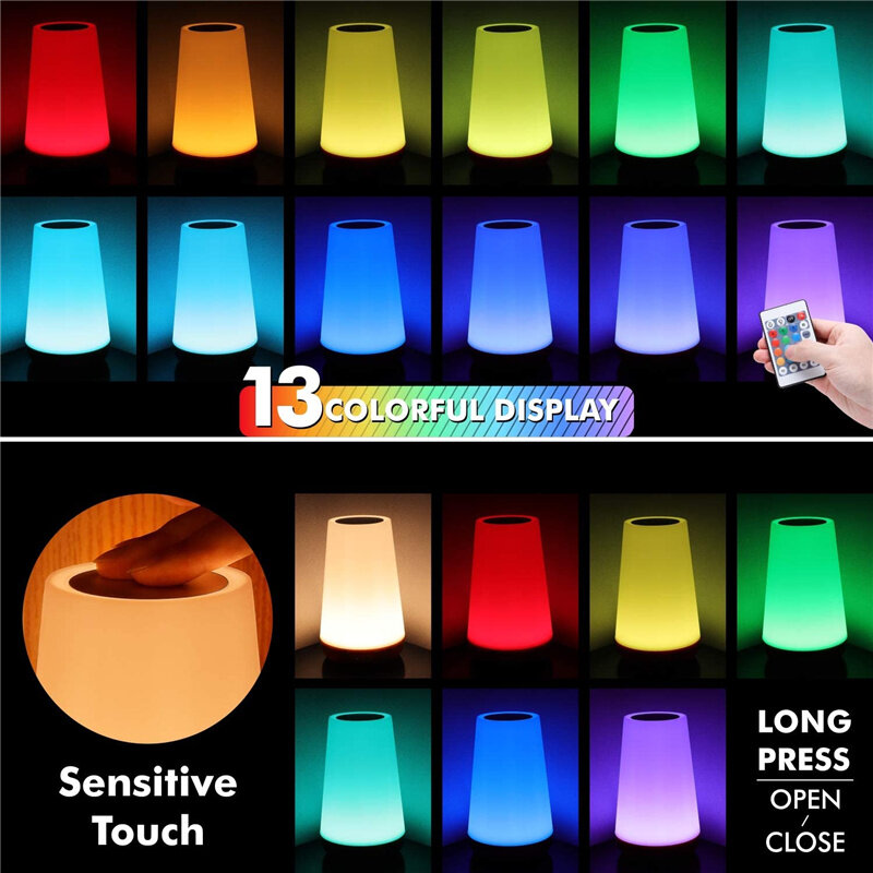 Lámpara nocturna RGB con Control remoto, luz regulable táctil, portátil, recargable por USB, 13 colores