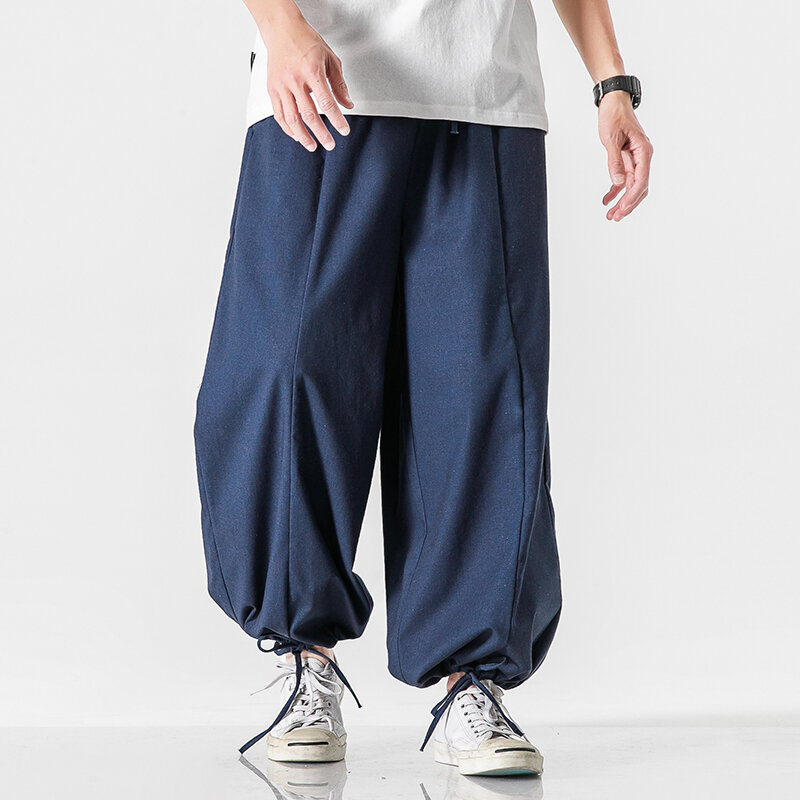 Брюки-султанки мужские льняные, уличная одежда, повседневные спортивные штаны, свободные брюки для бега