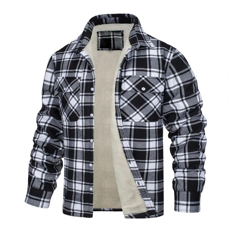 Men's Fleece Plaid Flannel Shirt Jacket Button Up Casual Cotton Jacket Thicken Warm Spring Work Coat Sherpa Outerwear Men Coat