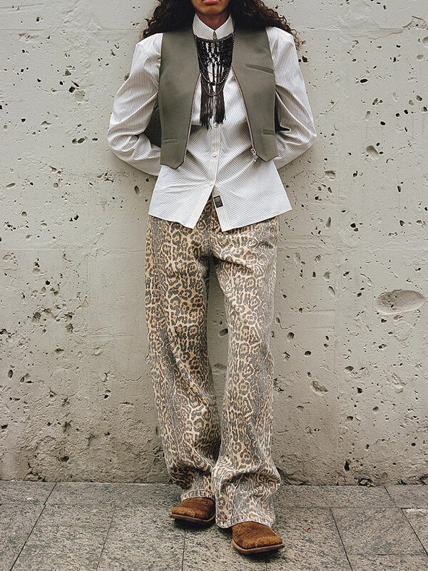 Женские джинсы с завышенной талией, леопардовые повседневные Прямые мешковатые брюки в Корейском стиле Харадзюку в стиле ретро, Y2k, уличная одежда