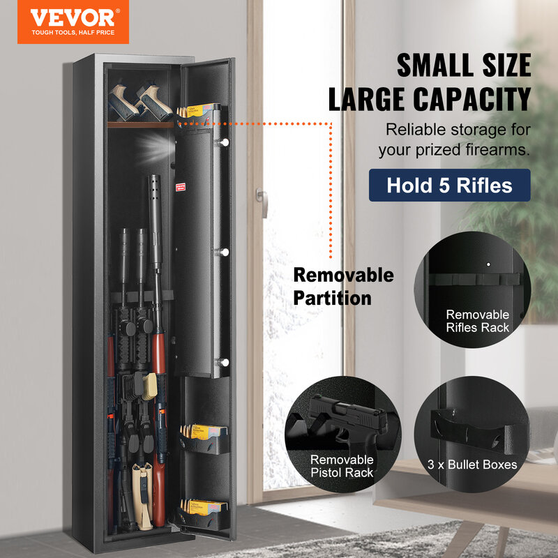 VEVOR 5 Gun Safe,Gun Security Cabinet w/ Fingerprint Lock, Quick Access Gun Storage Cabinet with Removable Shelf, Pistol Rack